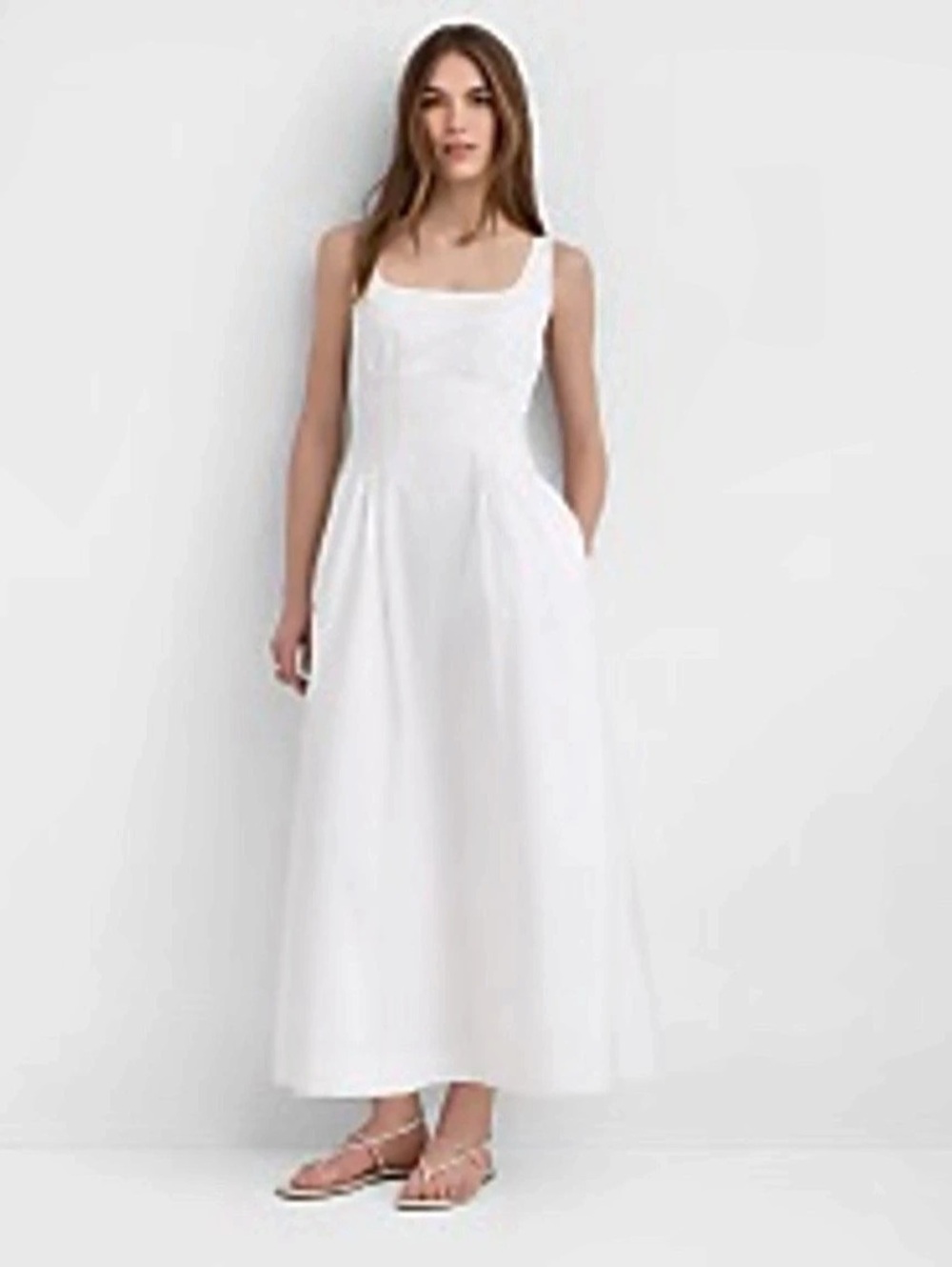 Square-Neck Smocked-Back Sleeveless Maxi Dress White
